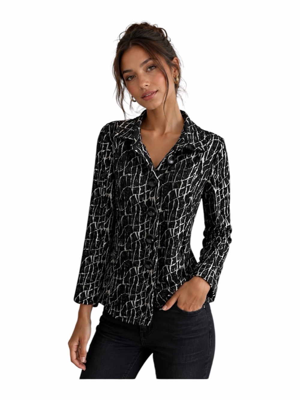 Onque Casuals Black & White Textured Button-Front Women's Jacket